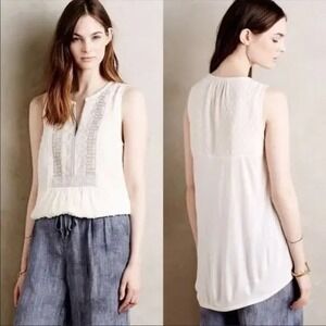 One September‎ Anthropologie Cream Swiss Dot Embroidered Beaded Tunic Top M